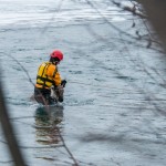 Crossing an icy river channel with Arthur the reindeer.